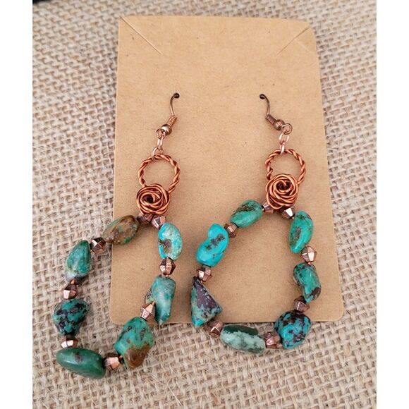 2" Copper Wire Rose & Beads with Genuine Turquoise Pear Shaped Dangle Earrings - Picture 3 of 3